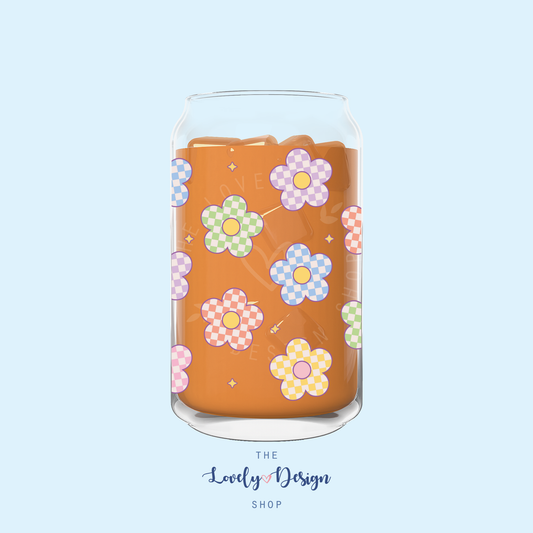 Checkered Colorful Daisy - Can Glass